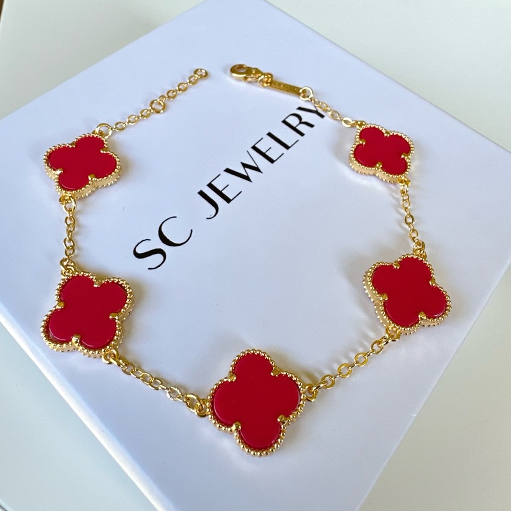 Clover Bracelet Double Sided Pomegranate Blossom Onyx Stone & Gold Jewelry